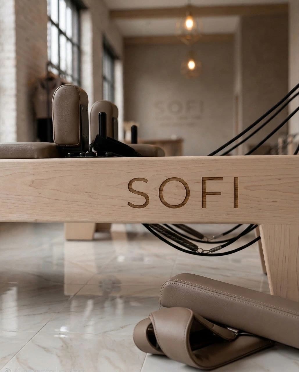 Wood SOFI reformer detail with cappuccino upholstery