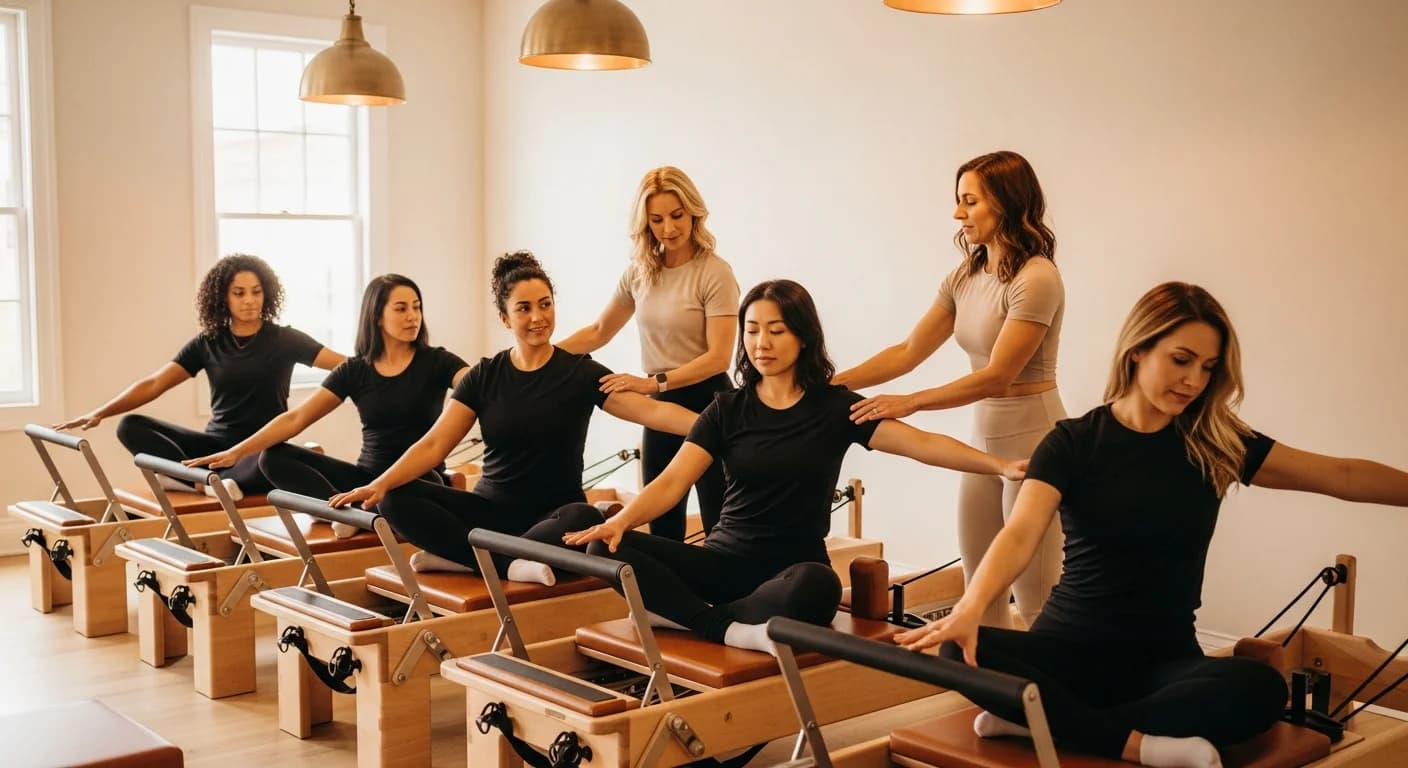 Small group reformer Pilates class in session at SOFI studio