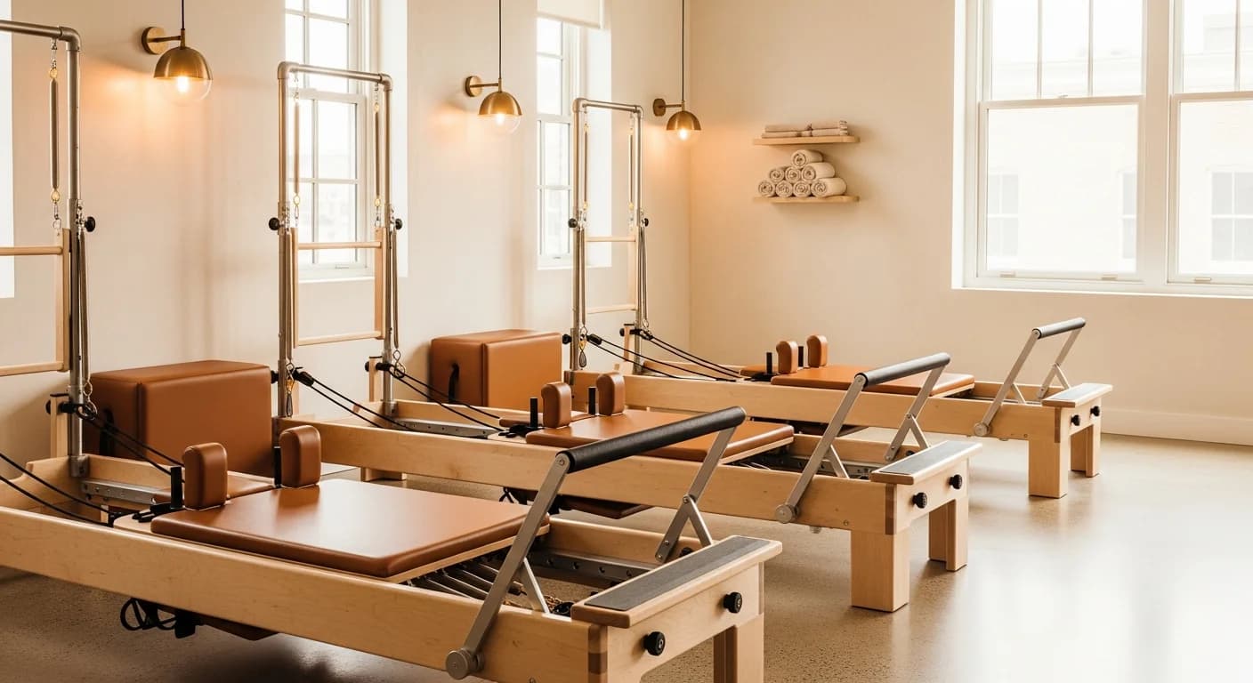 SOFI Pilates reformer studio interior with hard maple reformers, warm plaster walls, and brass pendant lighting
