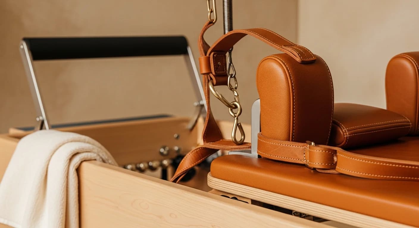 Close-up detail of solid maple reformer with cappuccino leather upholstery and brass hardware
