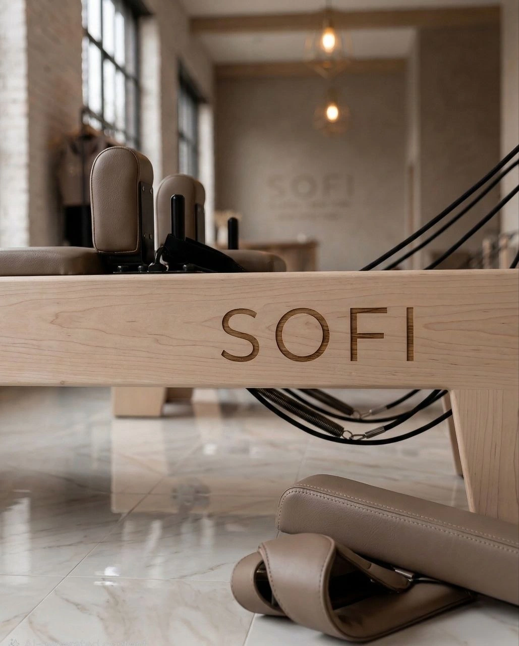 Close detail of cappuccino Pilates reformer upholstery and SOFI wood etching