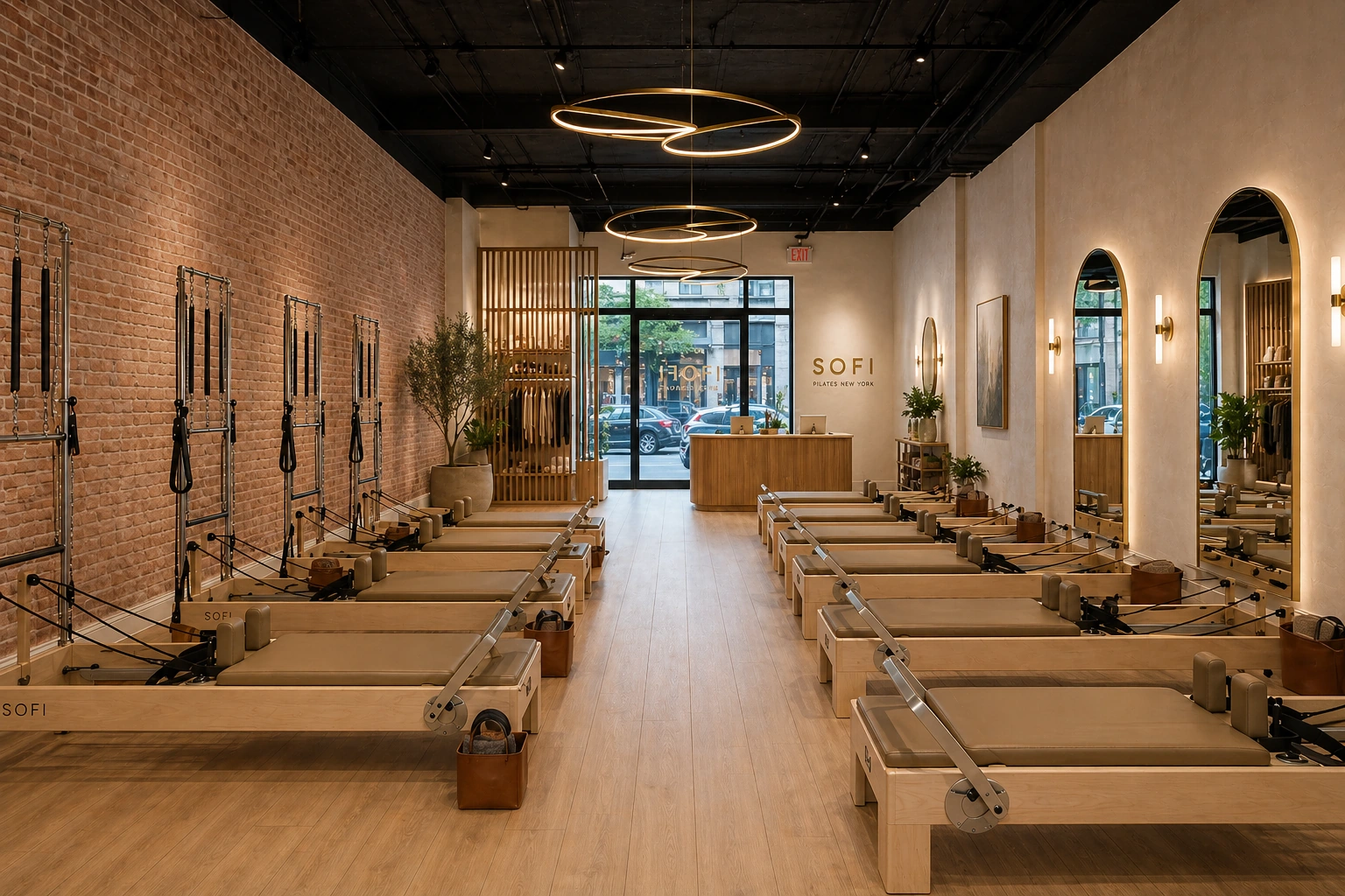 Concept rendering of the planned SOFI Lynbrook studio with cappuccino-upholstered reformers and half-tower frames